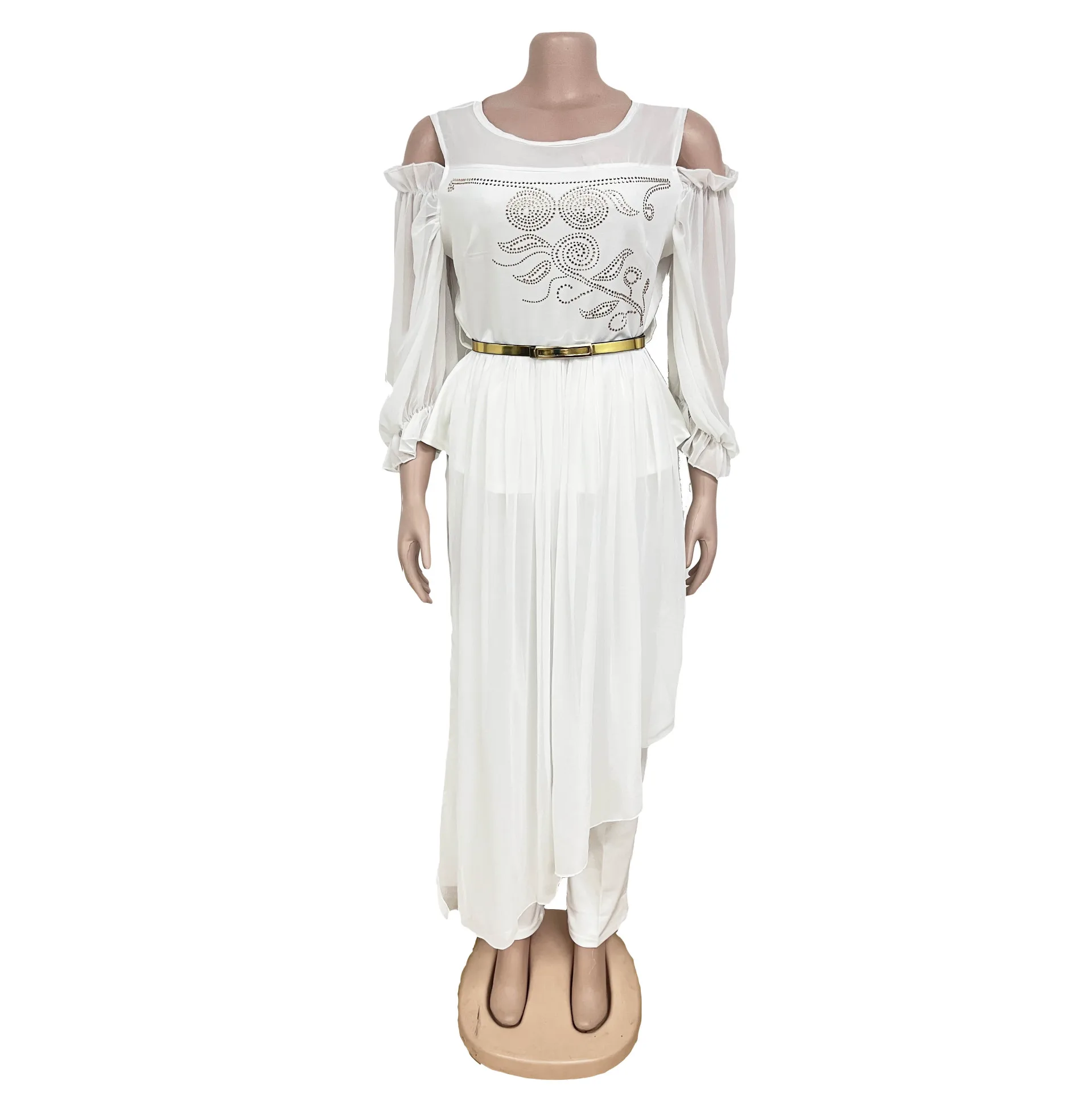 high quality african chiffon fabrics ethnic clothing dashiki hot drill stitched chiffon top straight leg trousers two piece set