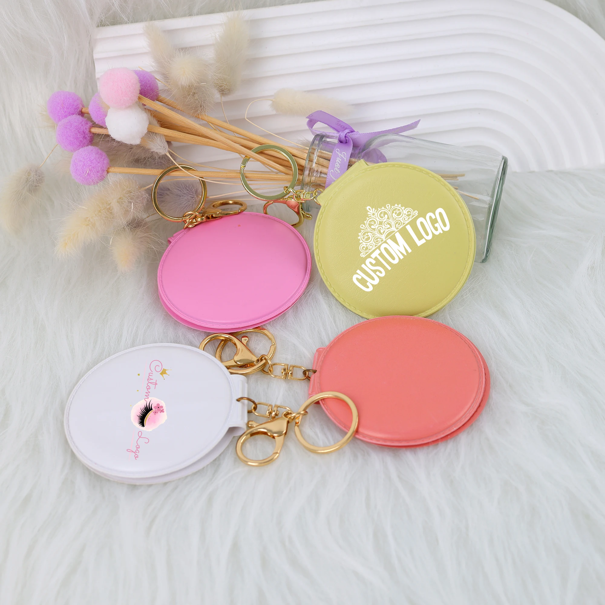 Custom PU leather mirror key chains metal ring promotional key chain makeup mirror metal keychains
