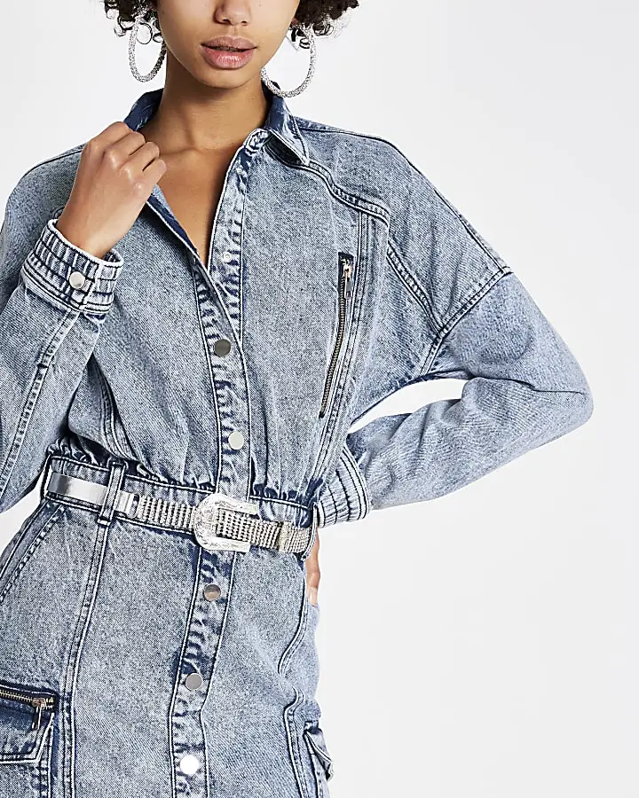 New Fashionable Women Light Blue Dress Button Fly  Belt  Denim Dress For Ladies