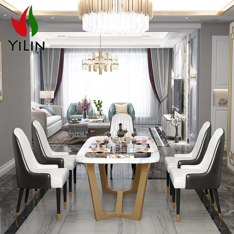 European Design Modern Stainless Steel Base Luxury Home Dining Room Rectangle Shape Marble Dinning Table