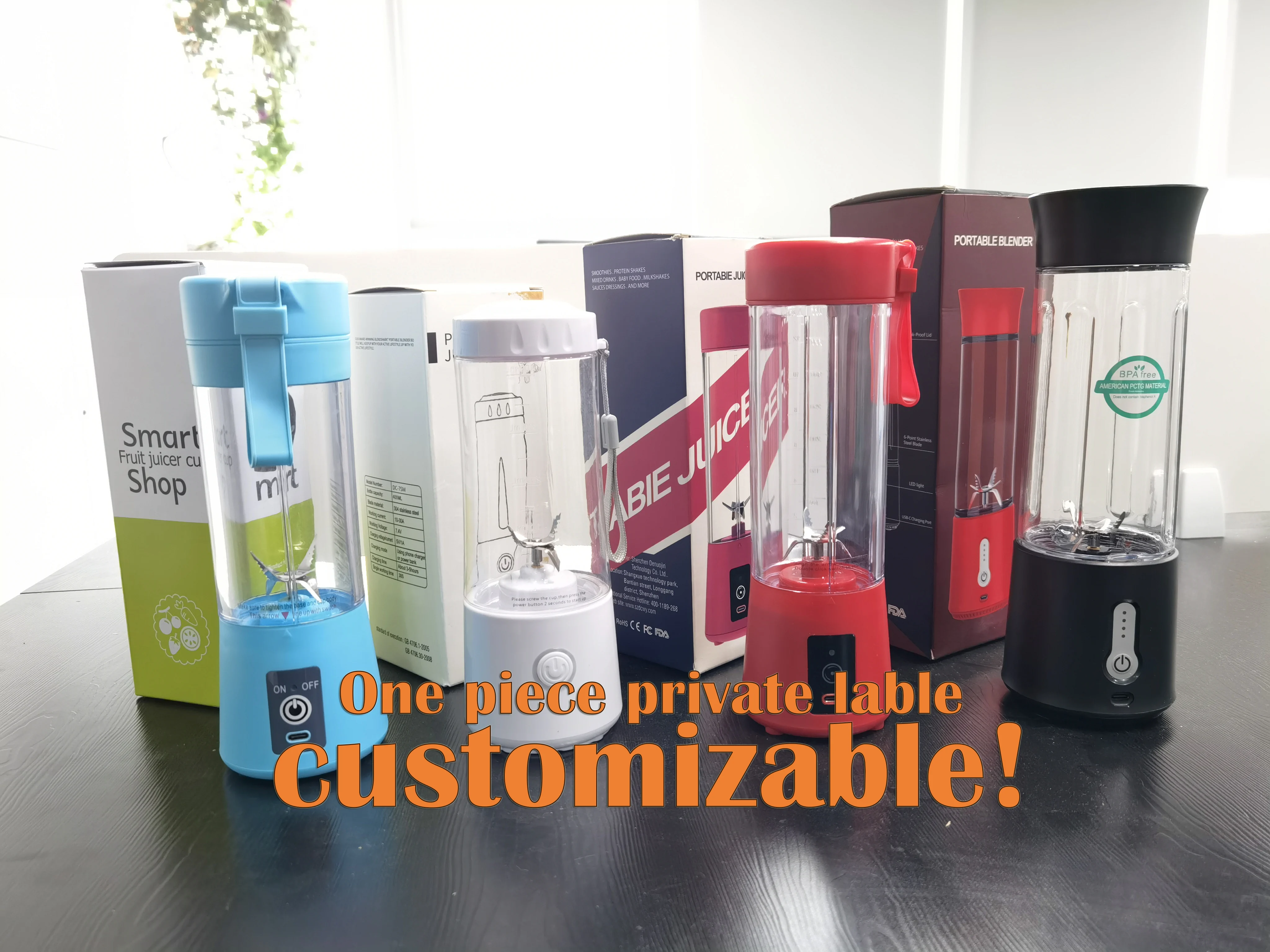 1 piece customize 500ML Usb Type-C BPA-FREE 6 blade with brush Mini 4000mAh Rechargeable LOW NOISE portable mixer Juicer