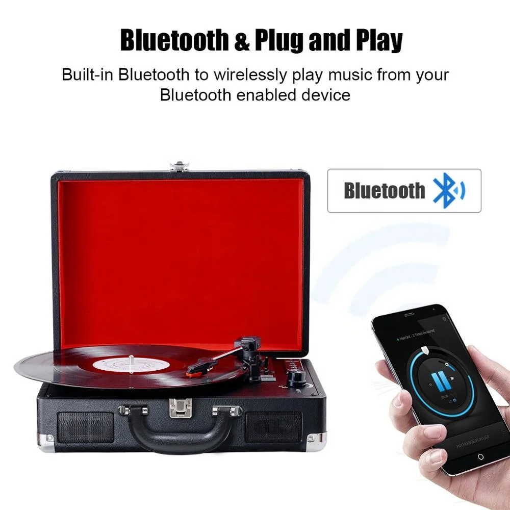 Manufacture wholesale portable turntable gramophone black luggage wireless record player