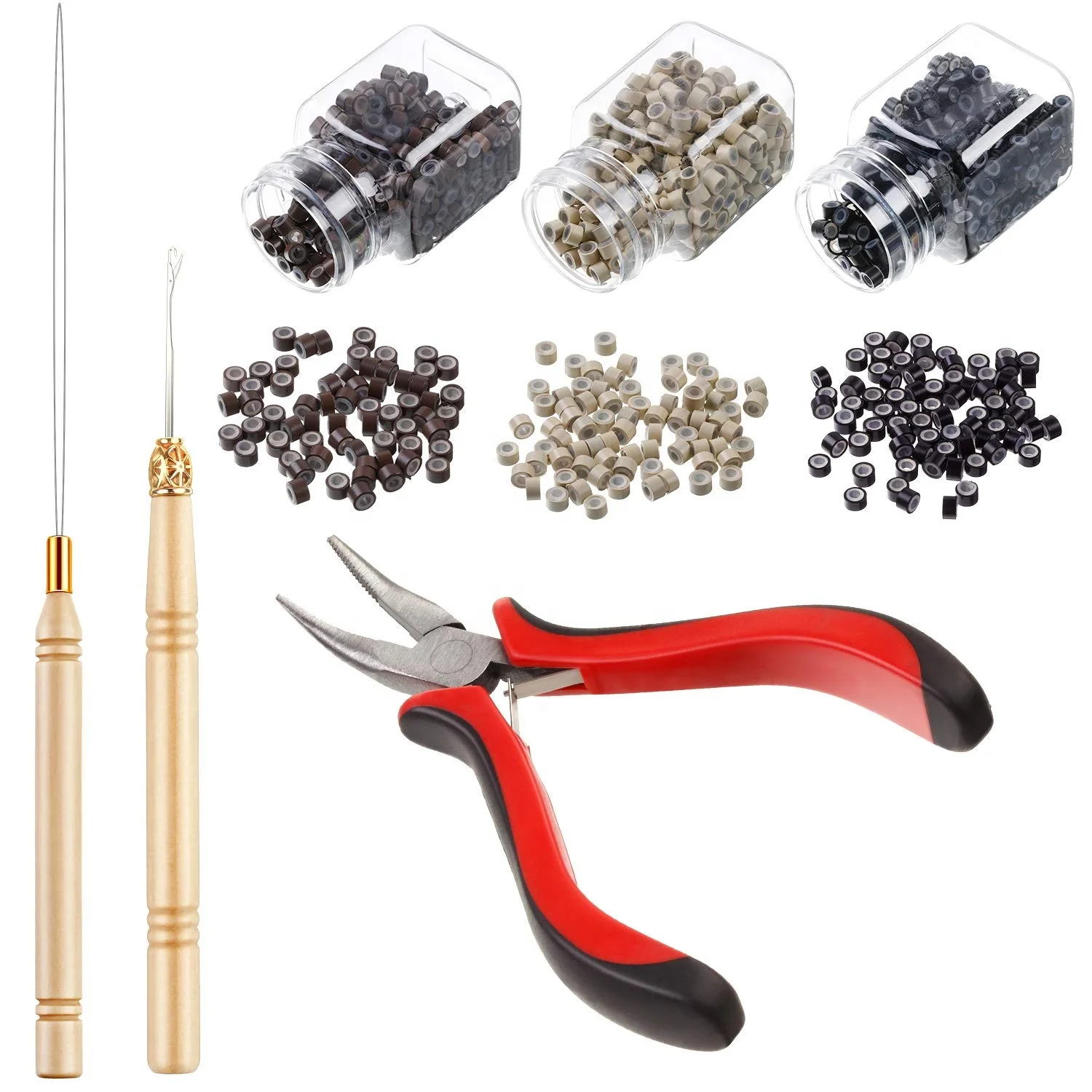 
Amazon Hot selling Hair Extension Kit Pliers Pulling Hook Bead Device Tool Kits With Silicone Lined Micro Rings 
