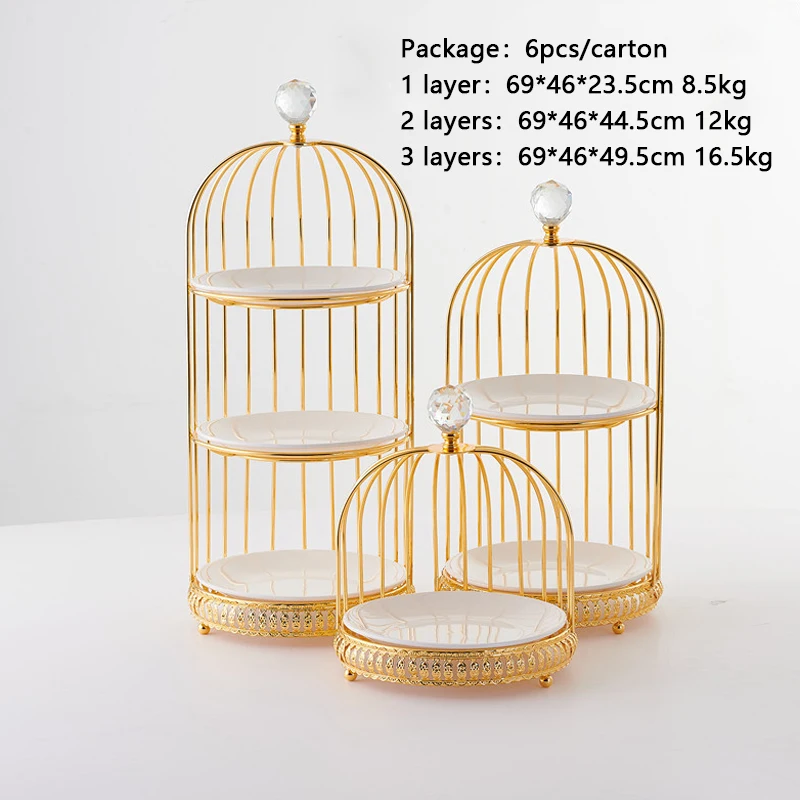 Luxury Crystal Food Tray Living Room Creative Birdcage-Shaped Iron Dessert Fruit Tray with White Ceramic Dishes