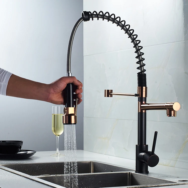 High Arc Spout Swivels Pull Out Taps Black Rose Gold Brushed Kitchen Faucet Spring Spray Head Single Hole Faucet Mixer