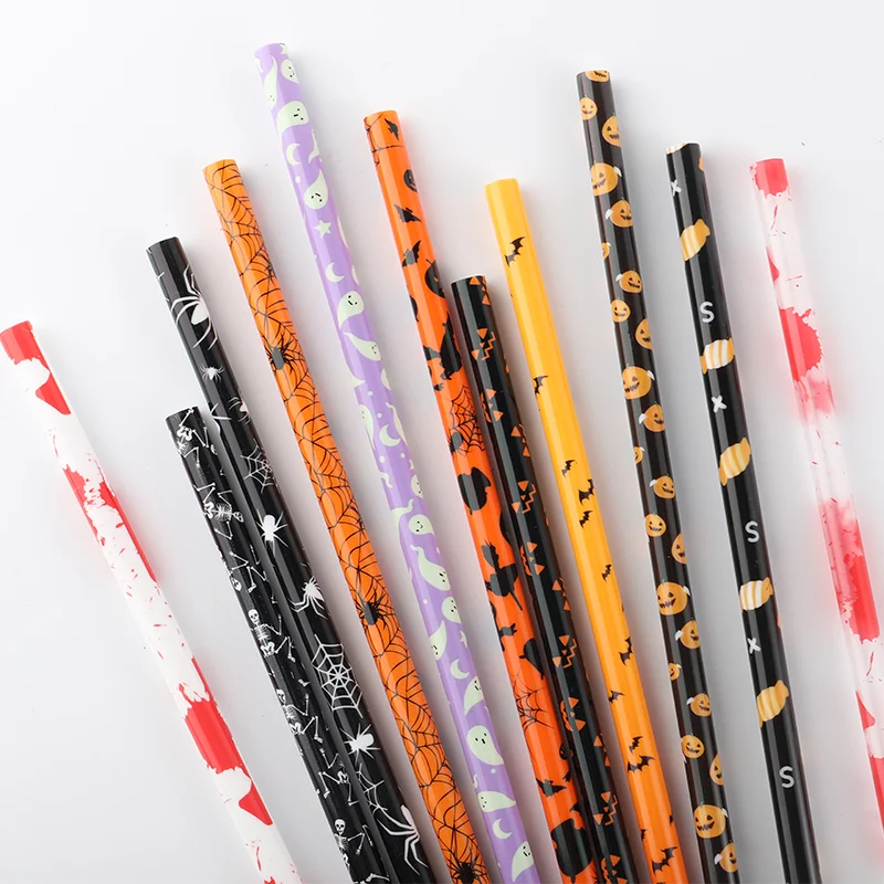 Reusable pp hard plastic Halloween printing straw,  Eco-friendly printed Halloween straws with ghost & spider designs