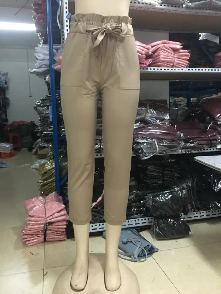 
Women OL high waist harem pants bow tie drawstring sweet elastic waist pockets casual trousers pantalones 8 color Y10920 