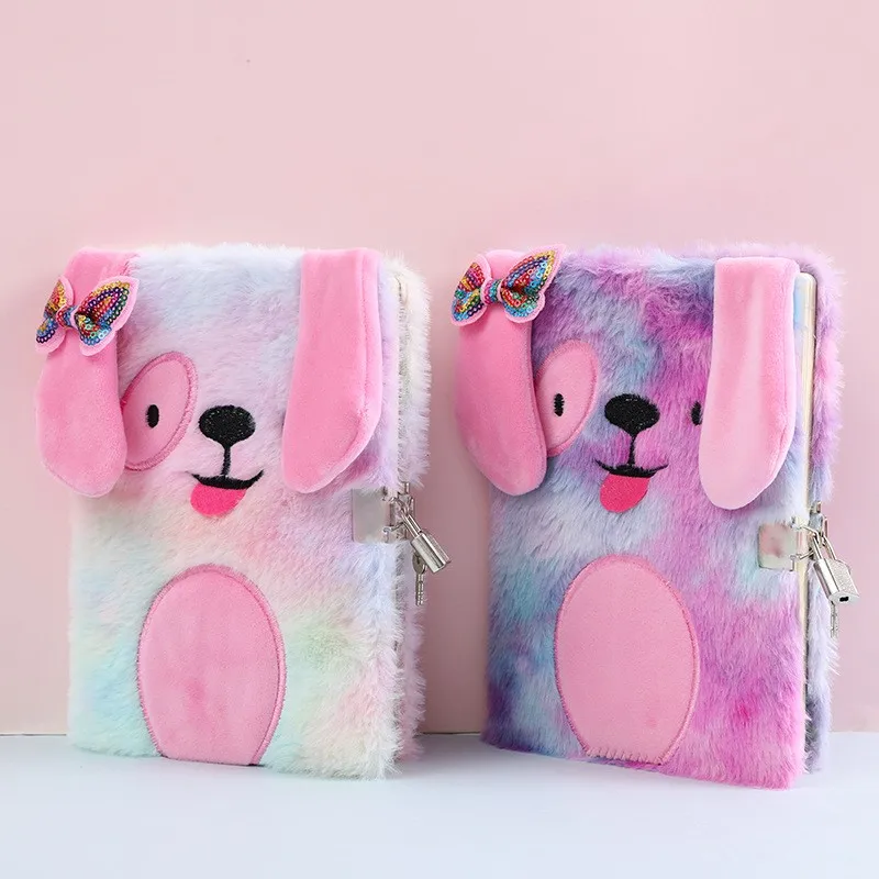 A5 Fluffy notebook Writing Plush Cover Notepad stationary cute Cartoon dog Girl school Supplies diary fancy notebooks with lock