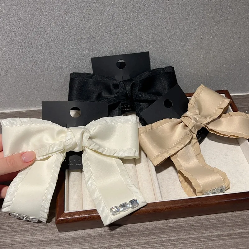 Fashion Satin Solid Color Bowknot Rhinestone Hair Clips Girls Bow Clip Crystal Hairgrips Butterfly Barrettes Headwear Hair Bows