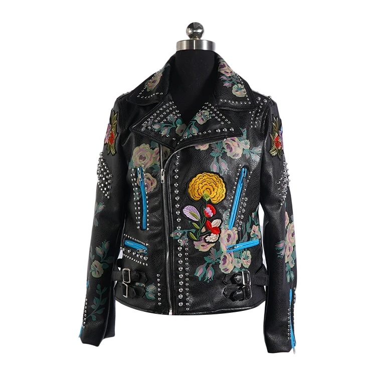 Модная байкерская куртка, Женская куртка из искусственной кожи с принтом и заклепками, женские куртки