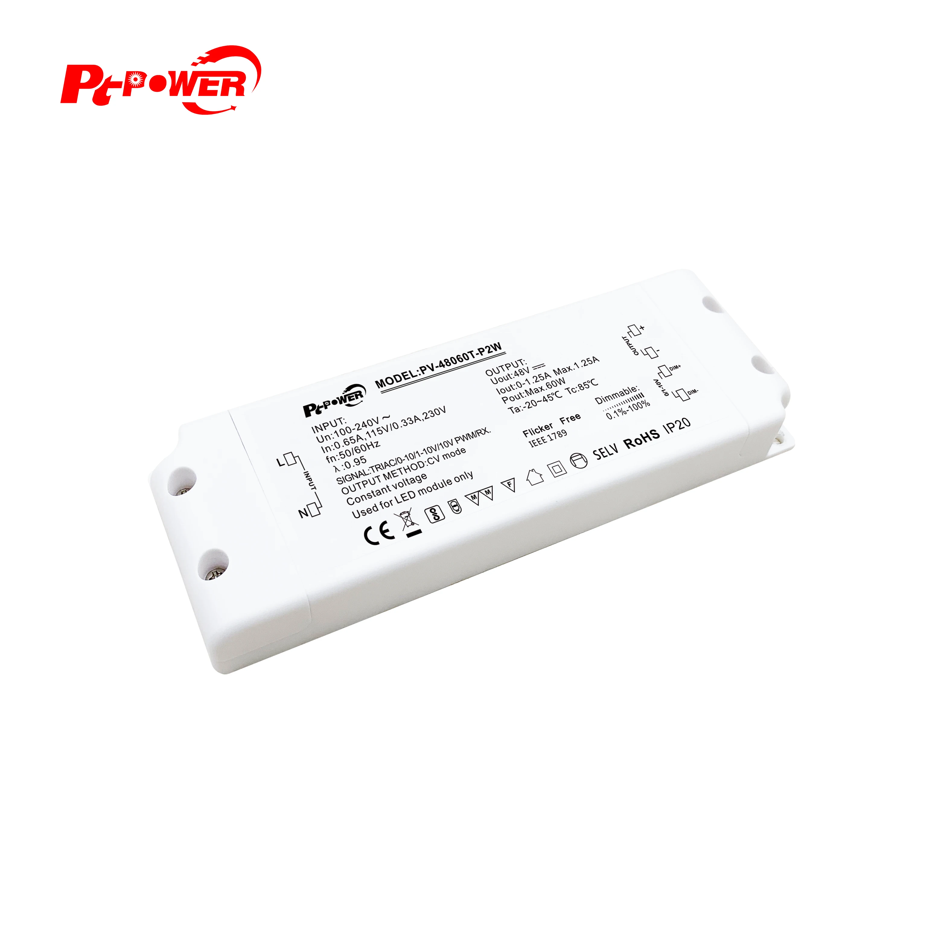 Constant Voltage Power Supply 100-240VAC Indoor 12V 24V 48V Triac 0-10V Dimmable 60W Input Flicker Free Dimming LED Driver