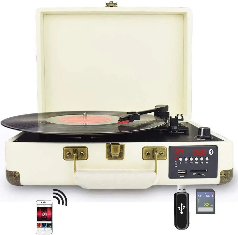 suitcase turntable Recording player, with multi-function BT / FM radio / USB port and SD card / vinyl to MP3 converter