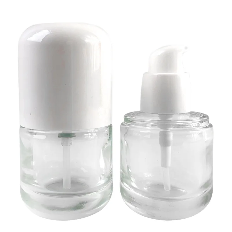 Wholesale 30ml White Black Cap Empty Pump Cosmetic Glass Capsule Clear Lotion Bottle