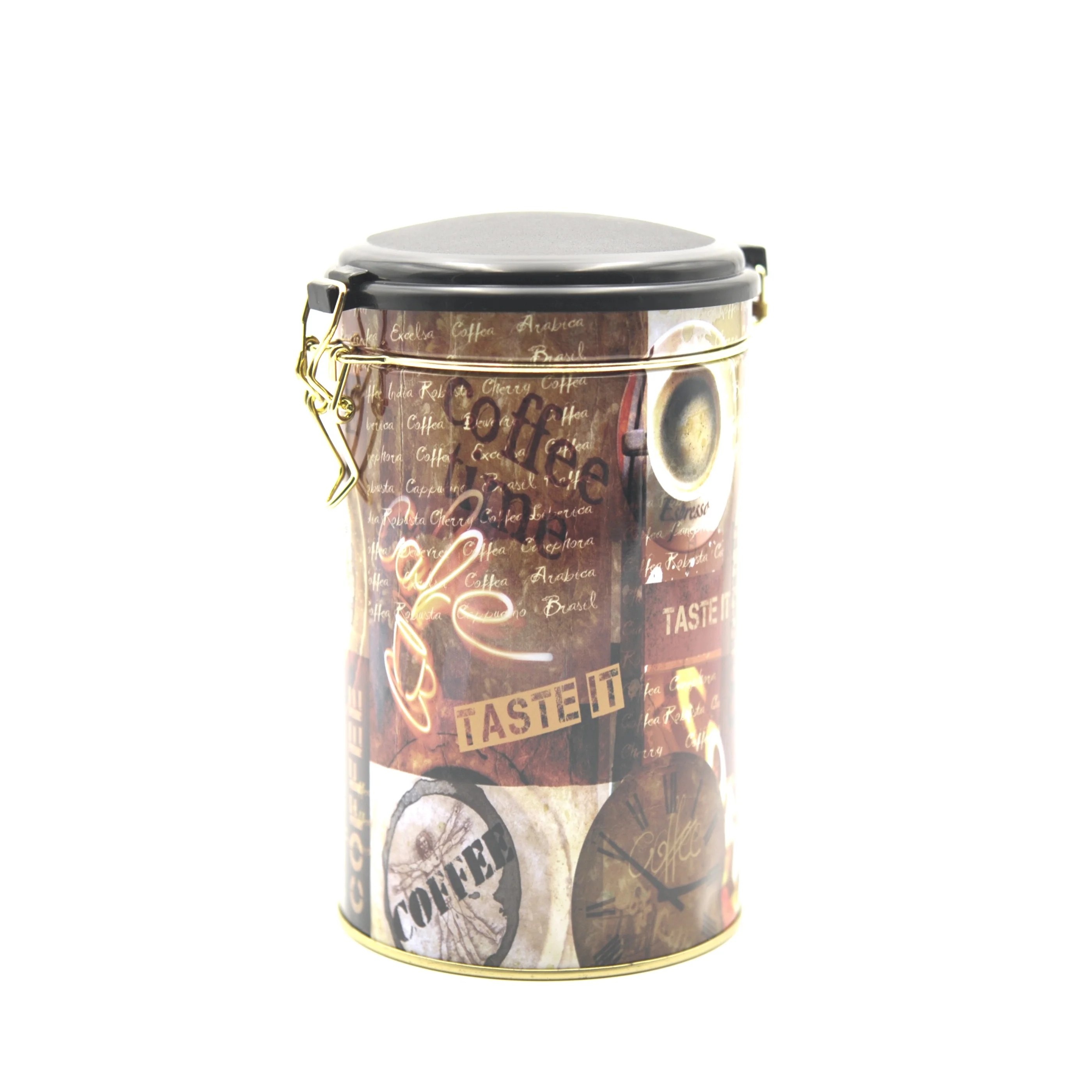 OEM Classic Coffee Tin Packaging Round Shape Tea Tin Box With Plastic Lid