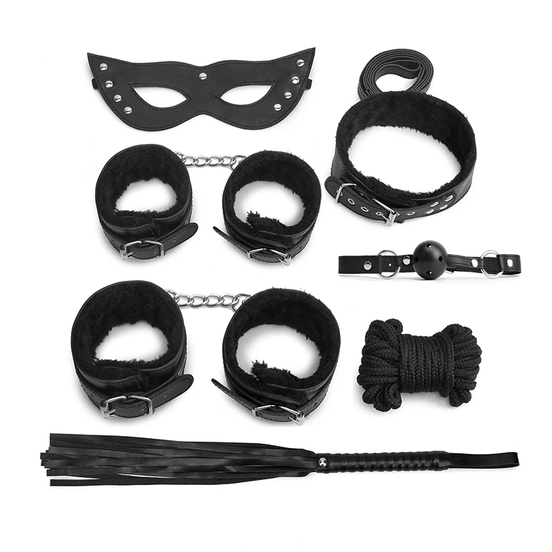 7 pcs Plush leather sex bed bondage kit whip paddle blindfolds soft collar and ankle handcuffs with mouth gag for couples