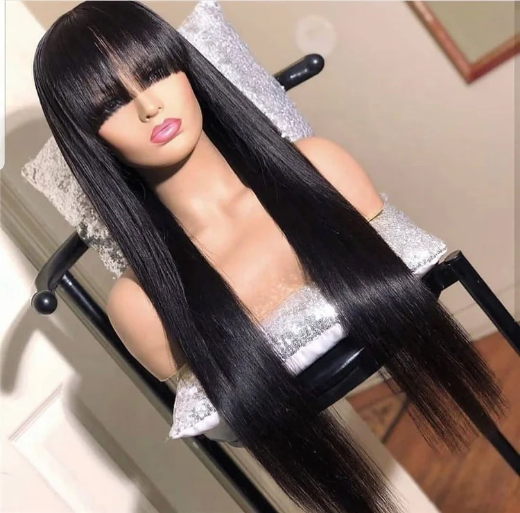 Cuticle Aligned Bangs Virgin Hair Wig Vendor Silky Straight Fringe Wig Human Hair Remy Brazilian Hair Wigs for Black Women