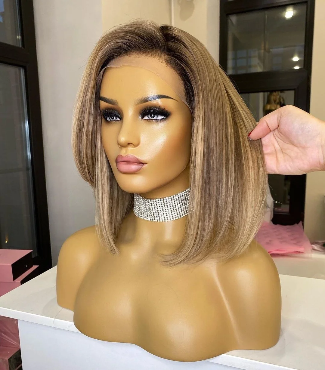 Silk Base Jewish Wig Highlight Ash Blonde Color Bob Style Popularity Remy European Human Hair Lace Front Wigs