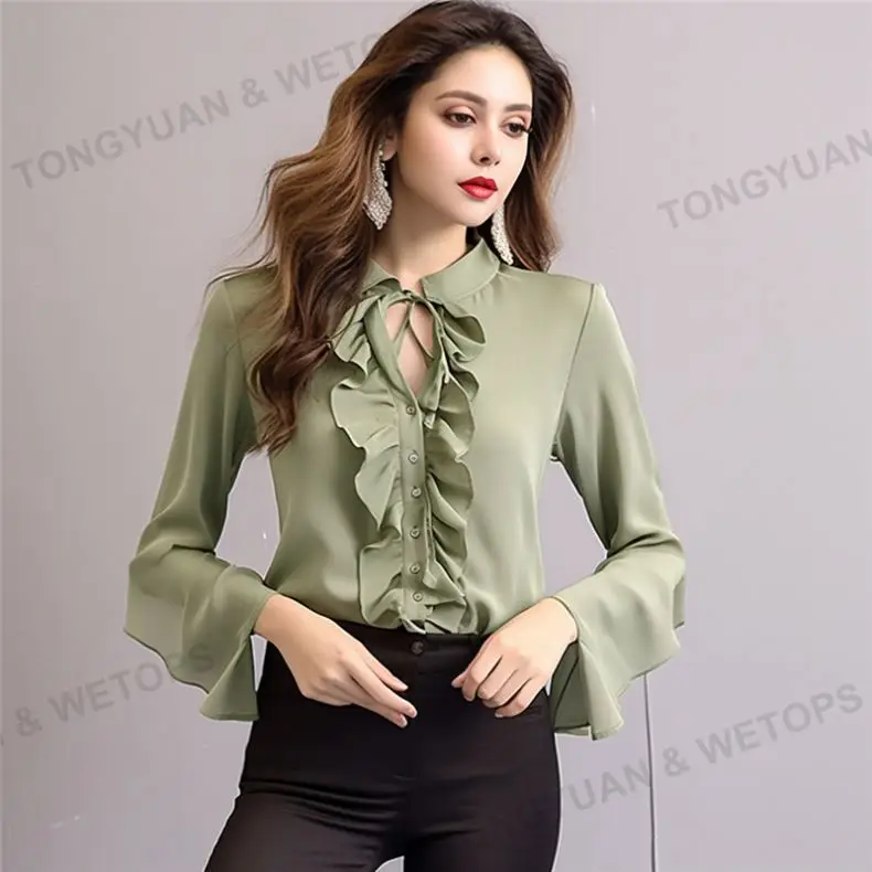 Oversized Shirts ruffle front blouse ladies Korean chiffon models long sleeve mature women shirts tops and blouses