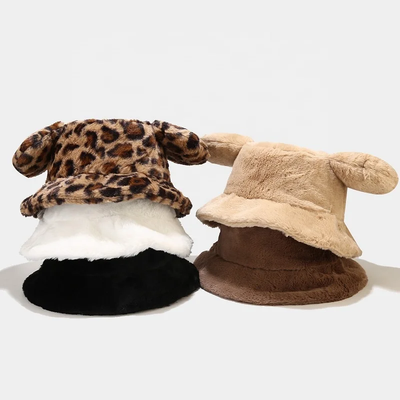 2023 New Fall/Winter Hats Cute Imitation Rabbit Fur with Thick Plush Big Ears Bucket Hat