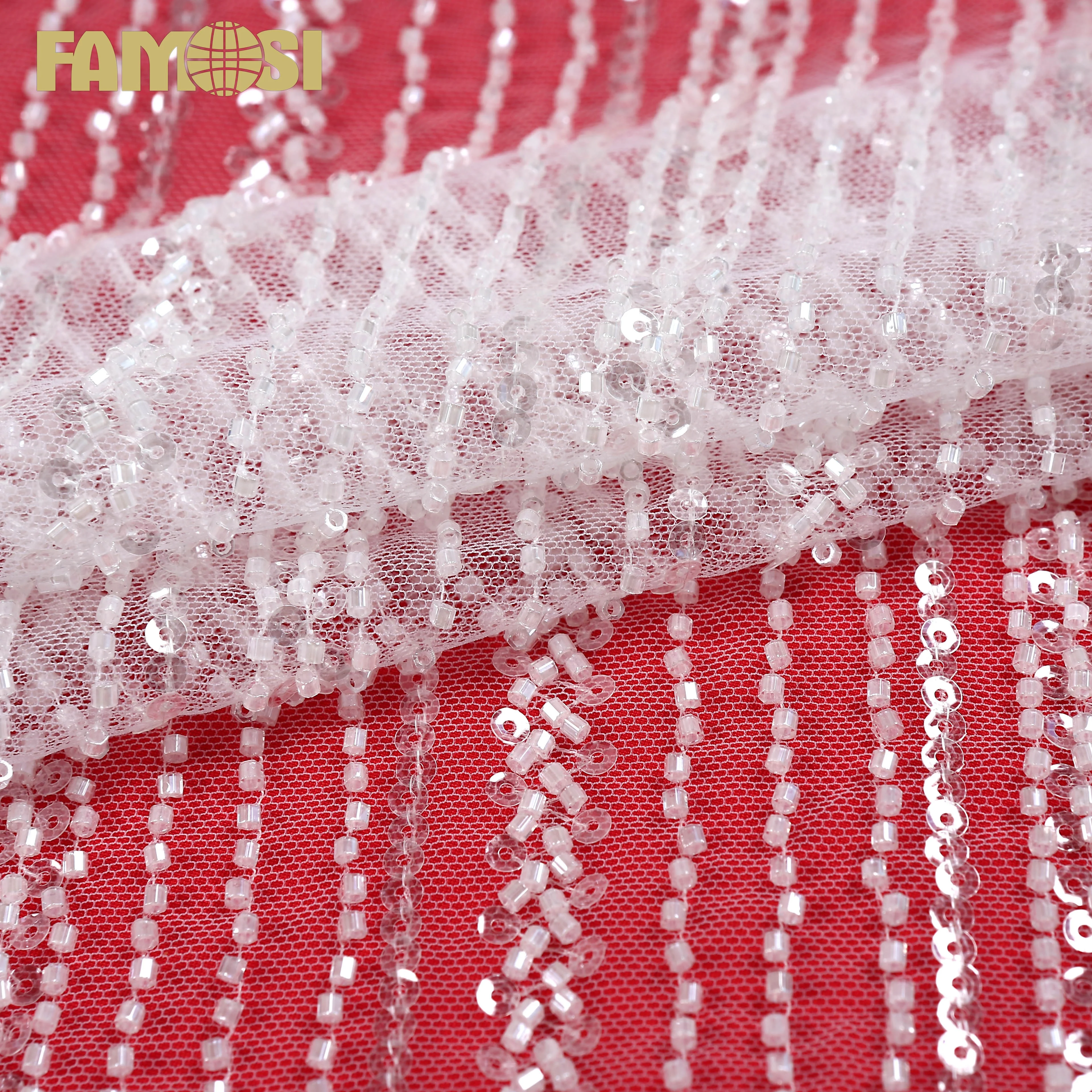 hot sale keqiao textile white beaded clear sequin embroidery lace fabric for women