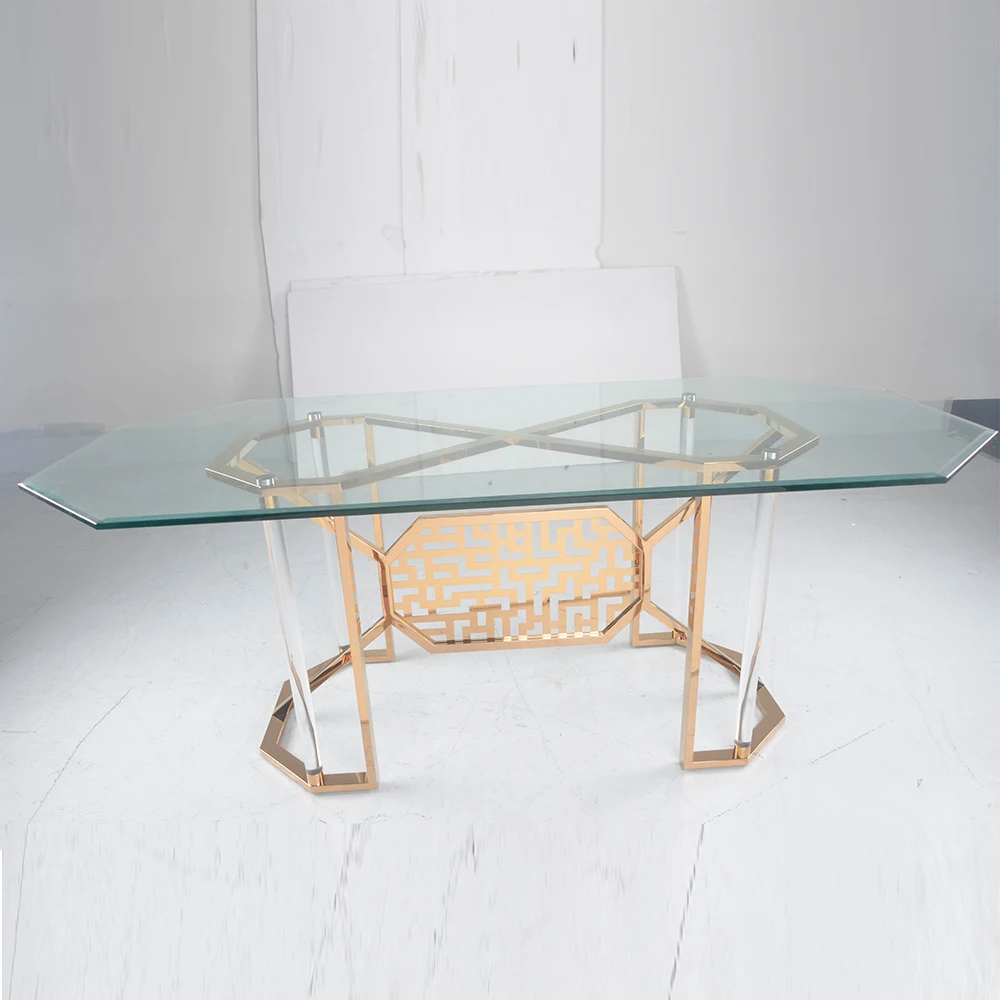 Chinese Furniture Rectangle Dinning Table For 6 8 People Tempered Glass Top Stainless Steel Dining Tables