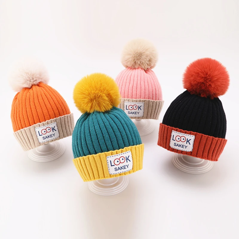 Customization winter baby girl kids hats knitted beanie warm hats and caps custom with faux fur pom