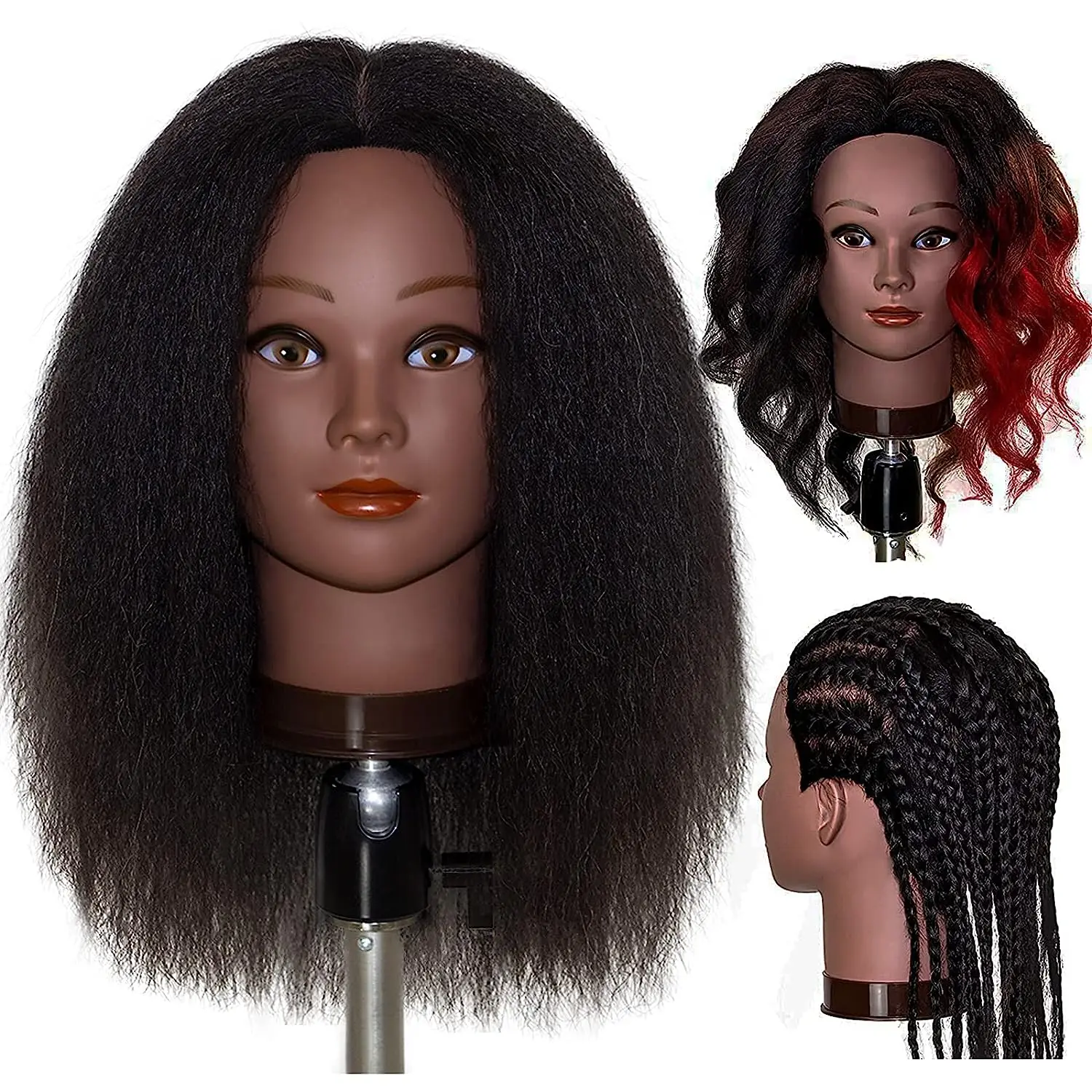 Female Training Heads with Kinky Straight Human Hair Black Color Doll Manikin Head for Cosmetologists African Mannequin Head