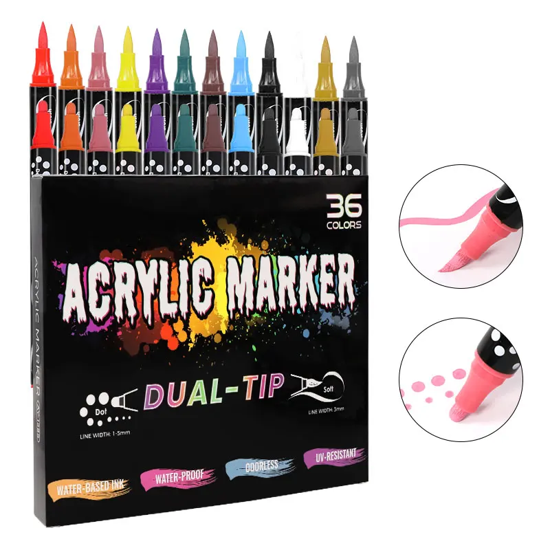 Premium Quality 36 Color Dual Tip Acrylic Markers Kit Fade resistant Double Point Markers for Fine & Multi-surface Coloring