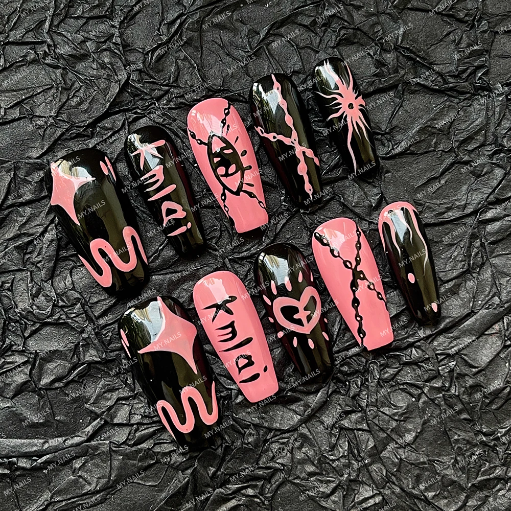 Top Selling 10pcs Long Ballet Nude Color Pink Heart Artificial Fingernails Fake Nails With Glue Waterproof False Nail