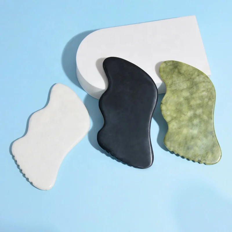 Cheap Custom logo Wave Black Gua Sha Visage Avec Logo White Jade Gua Sha Facial Tool With Teeth Dark Green Jade Guasha Stone