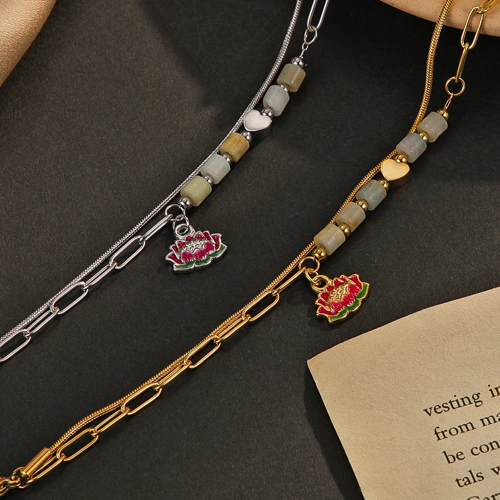 Fashion Stainless Steel Lotus Pendant Bracelet Charm Girl Multi Layer Natural Stone Heart Friends Bracelet For Women