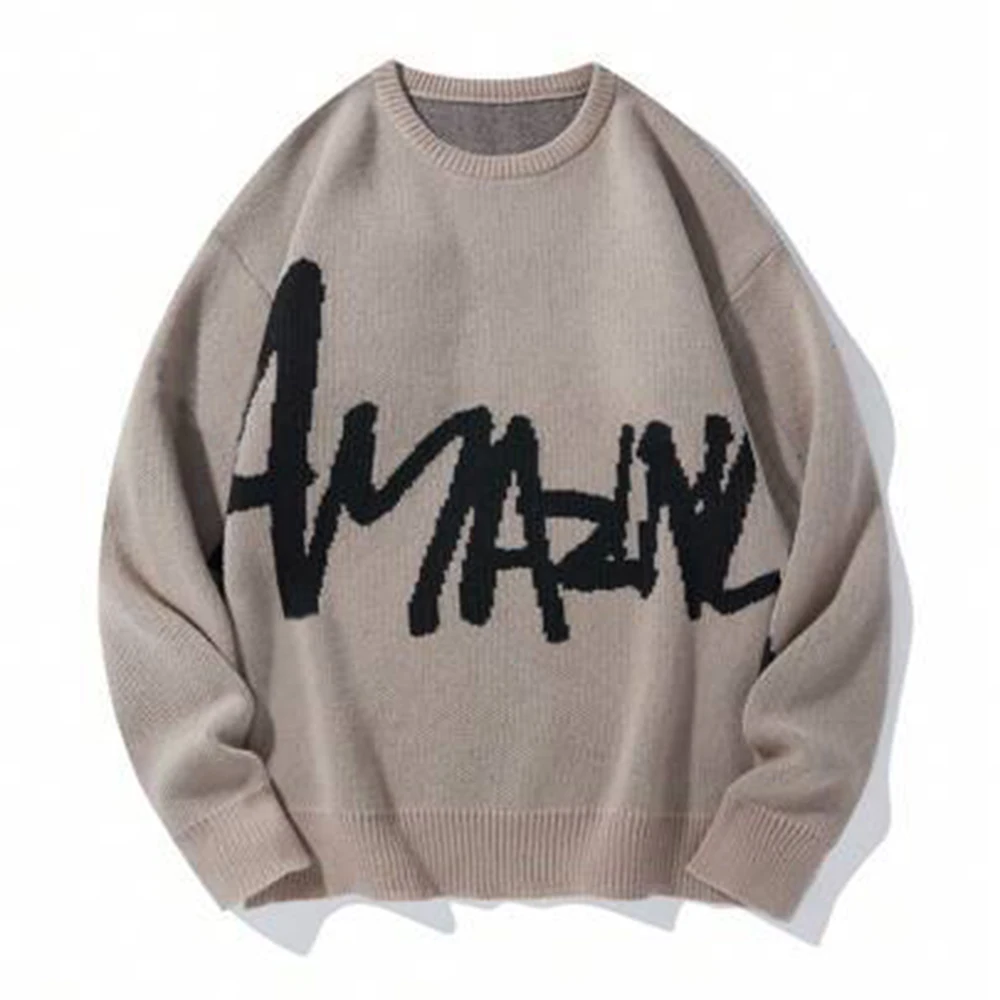 Shinesia OEM Oversized Thick Knitwear Jacquard Sweater Custom Logo Winter Men Crew Neck Pullover Fuzzy Mohair Knitted Sweater