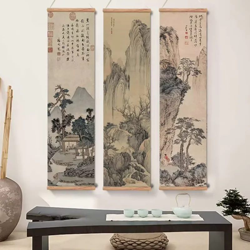 Chinese feng style shui ink landscape painting art set of 3 souvenir gift wall art hanging scroll painting canvas