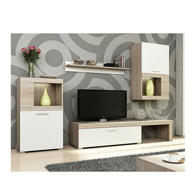 Living room furniture set white TV unit glass shelf display cabinet  LED light