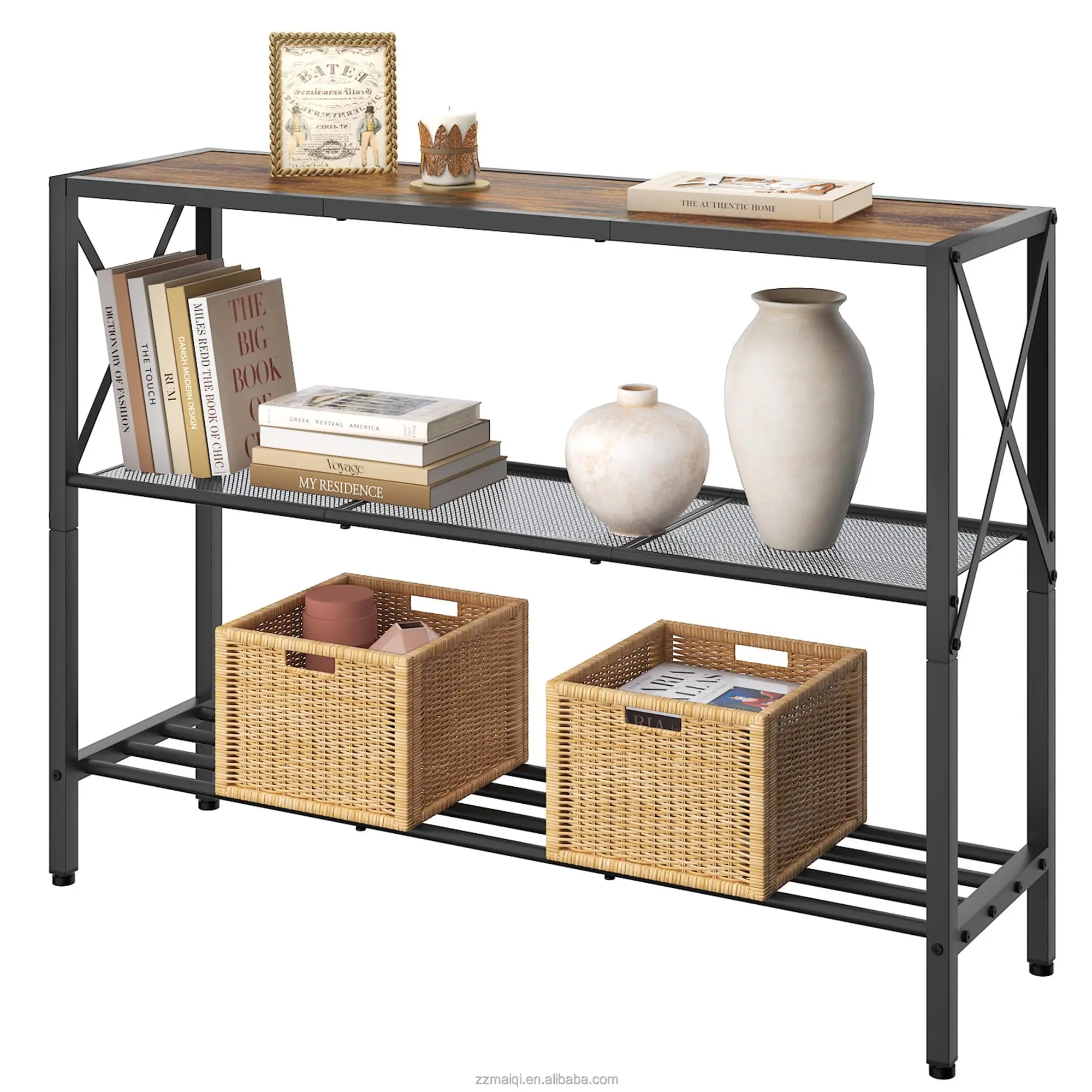 Industrial Home Furniture Metal Wood Console Table Rustic 3 Tier Hallway Table for Entryway Narrow Sofa Shelves