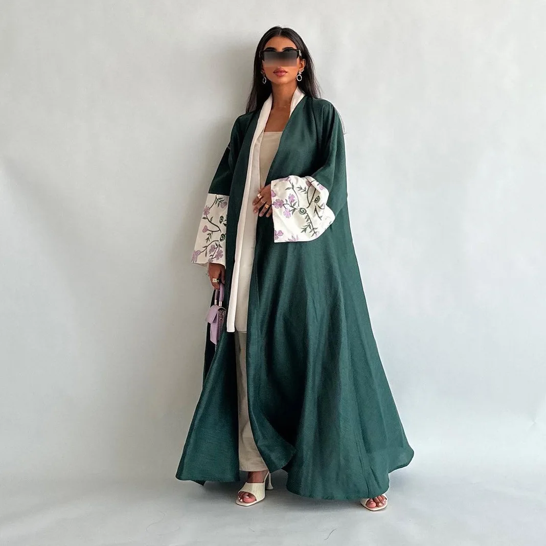 Flower Embroidery Designs Abaya Summer Casual Clothes For Women Muslim Dubai 2024 Sleeve Embroidered Dark Green Open Abayas
