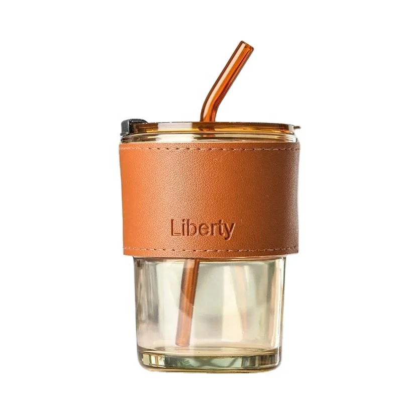 High Quality Reusable Leak Proof Lid and Straw Glass Coffee Cup With Leather Sleeve