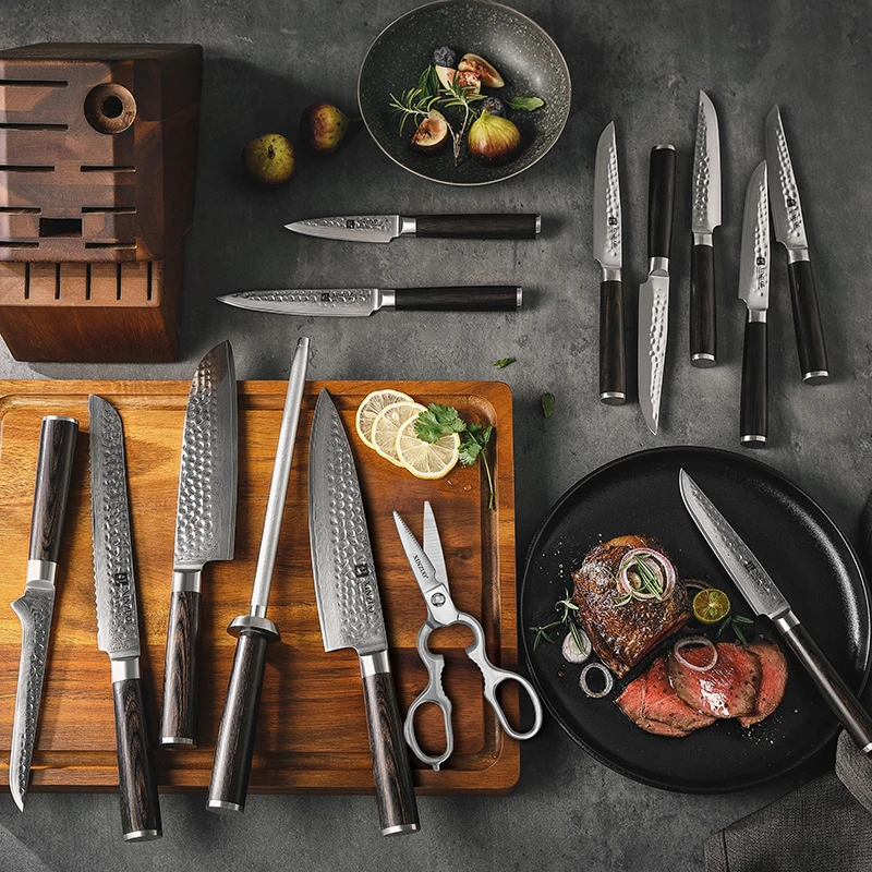 XINZUO Professional Kitchen 15 pcs Knife Sets Japanese Style Damascus Steel Pakka Wood Handle Knives with Wooden Block