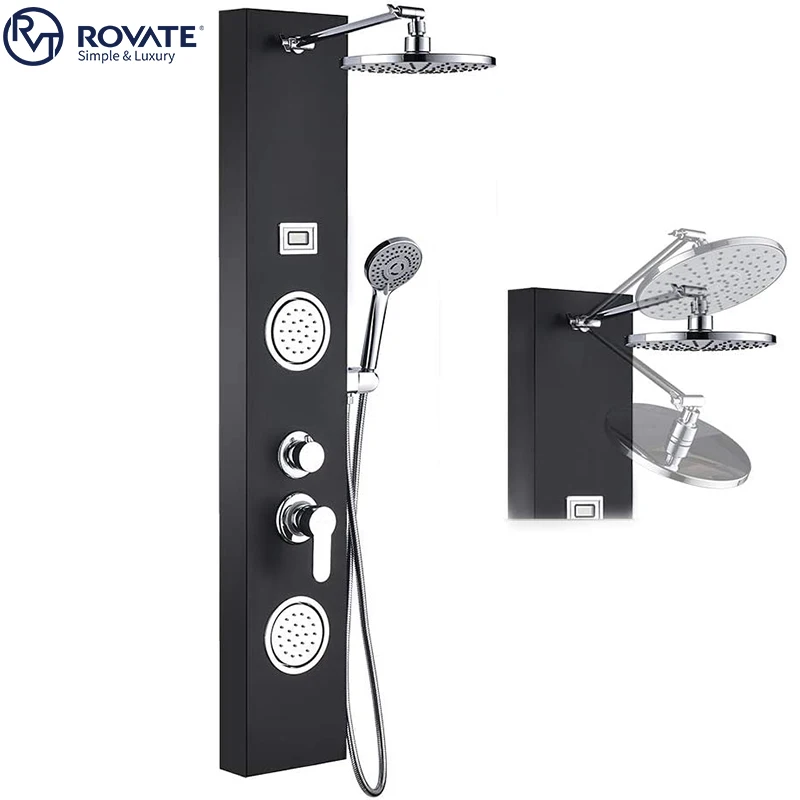 ROVATE  Adjustable Shower Arm Rain Massage System with Body Jets Stainless Steel Bathroom Shower Panel Tower System
