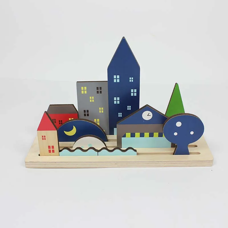 KIU Double Side Different Shapes Wooden Blocks Toys Building Blocks Puzzle Toys Diy Landscape Creative Toys