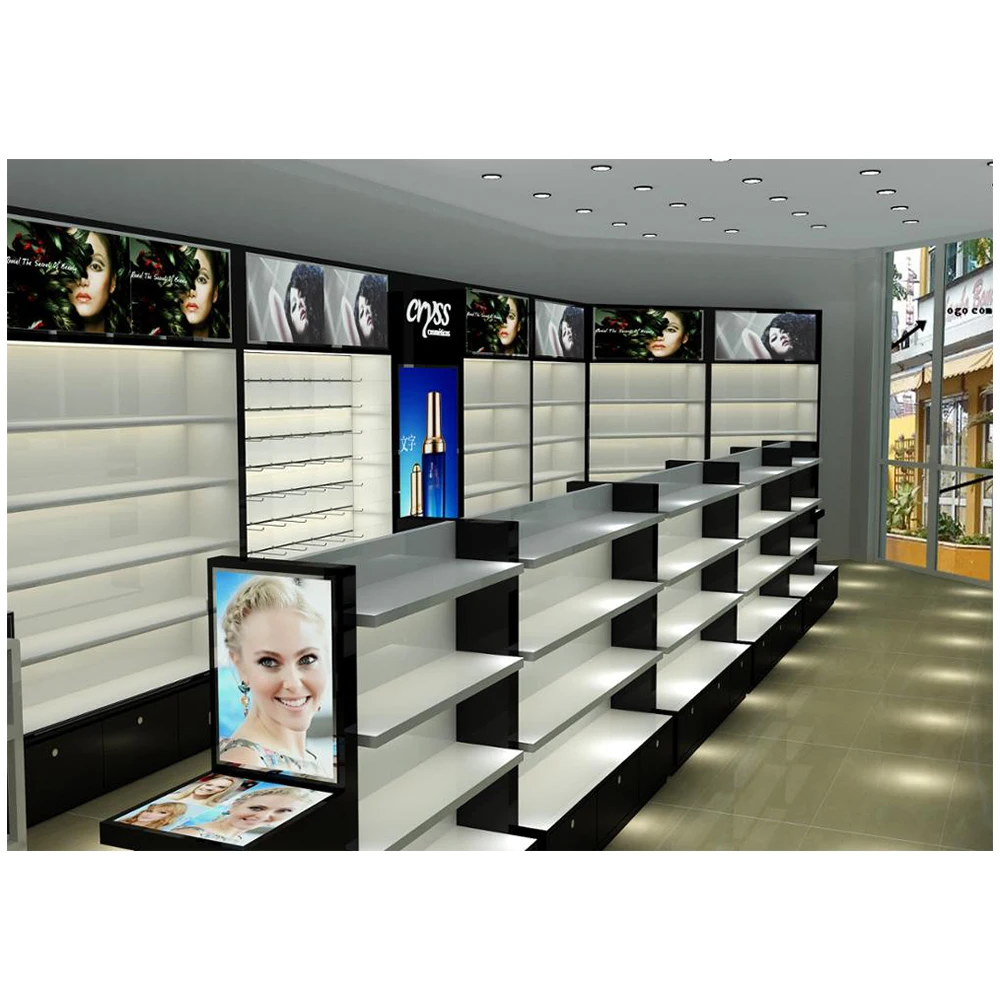 Hot Sale Wooden Cosmetic Hair Products Display Showcase Make Up Display Stand