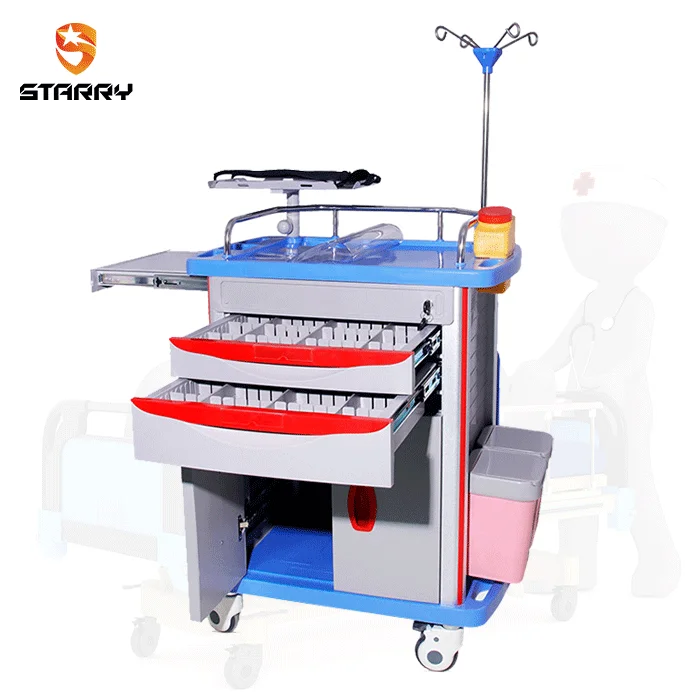 Medicine Cart ABS plastic top board 4 aluminum columns 5 drawers 4 noiseless castors medical emergency trolley