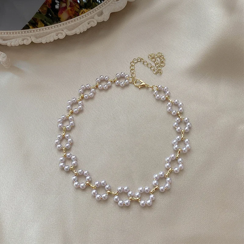 2022 Korean Bead Pearl Flower Link Clavicle Chain Choker Elegance White Imitation Short Necklace Lady Jewelry