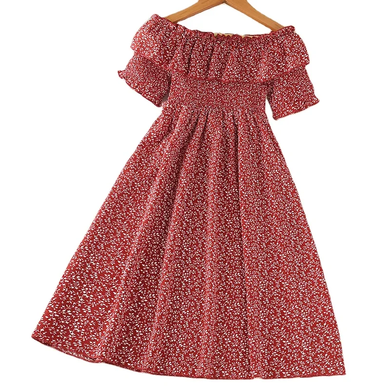 Cute Square Collar Puff Sleeve Kids Frock Red Cotton Floral Printed Summer Dress for Girls Off Shoulder