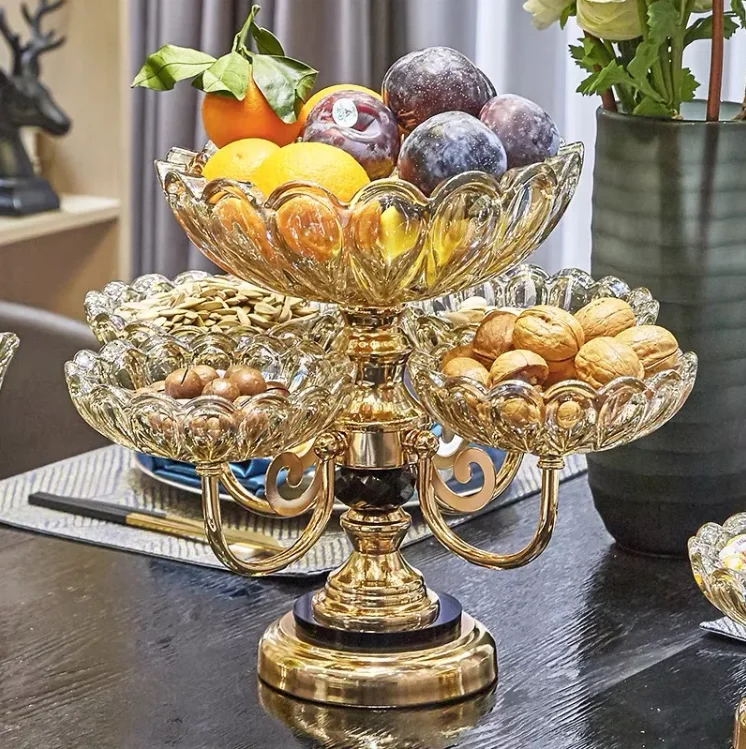 Classic Quality Luxury Creative Glass Dried Fruit Candy Plate 2-layer metal tray