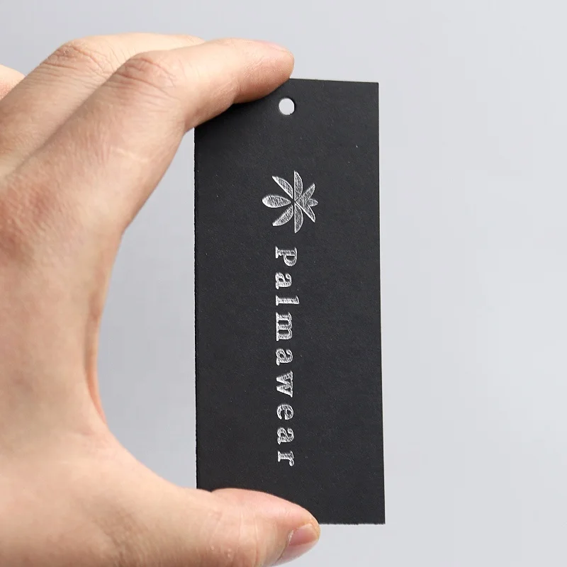500gsm Black Paper Card Silver Stamping Hanging Tag Clothing Label with String