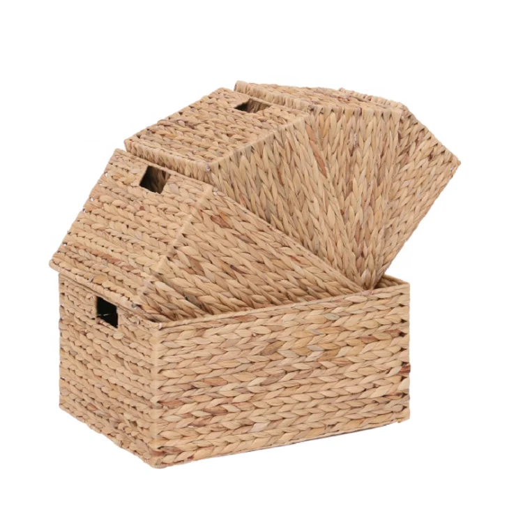 Eco Friendly Rectangular Water Hyacinth Woven Storage Baskets Panier For Organizing Straw Rope Woven Storage Baskets Set Of 3