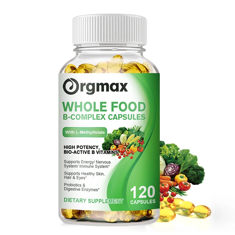 Orgmax 120pcs Whole Food Vitamin B Complex Capsules Bio-Active B Vitamin Softgel Nerve and Immune System Improve Supplement