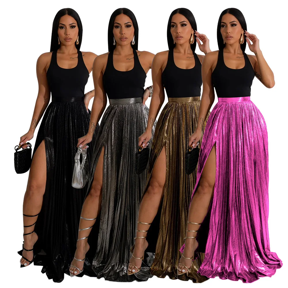 2024 New Fashion Solid Color High Waist Pleated Slit Skirt Women Midi Maxi Dress Skirts For Women Long Slit
