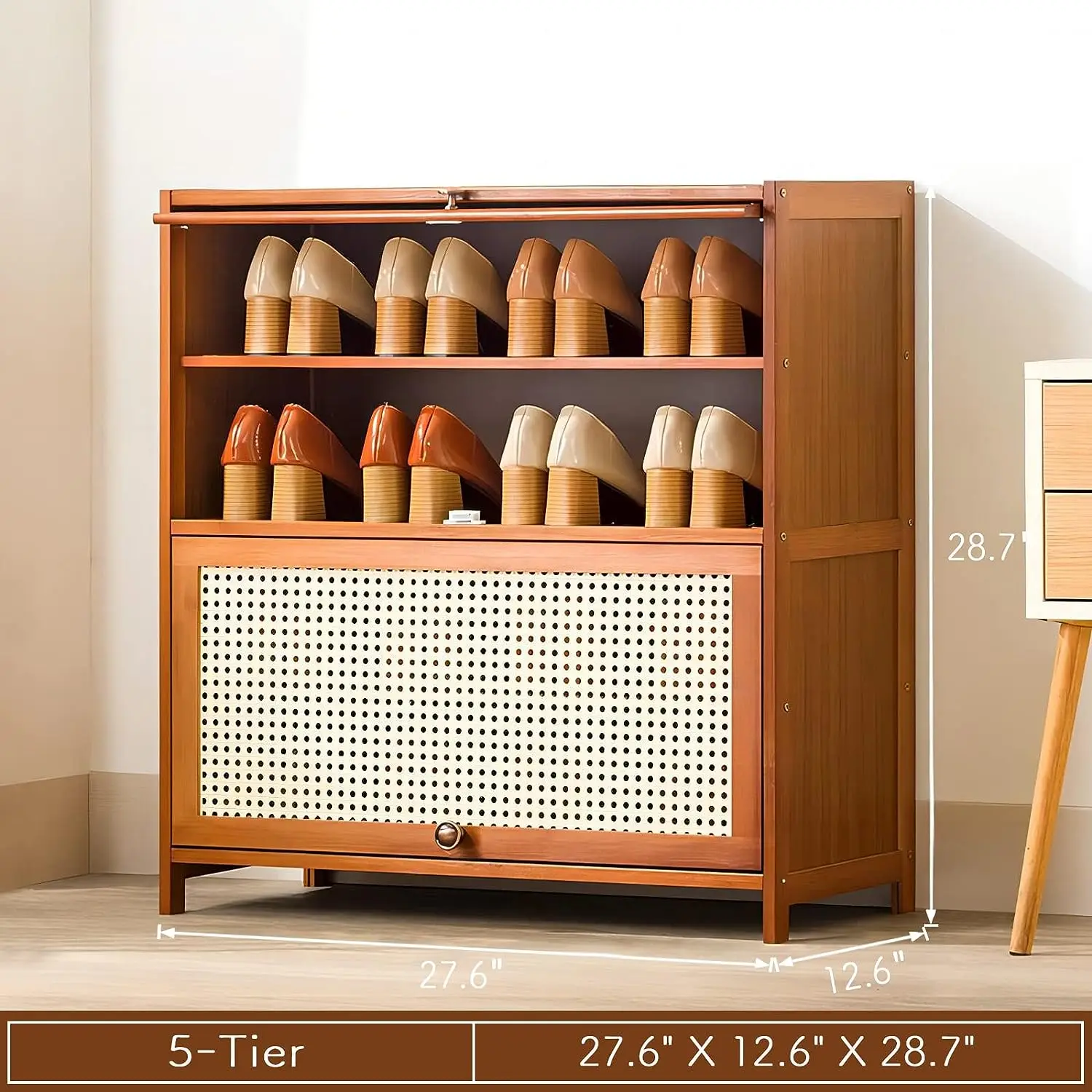 Portable Multifunctional  Natural bamboo 5 tiers Shoe Organizer with two ABS drawers shoe cabinet